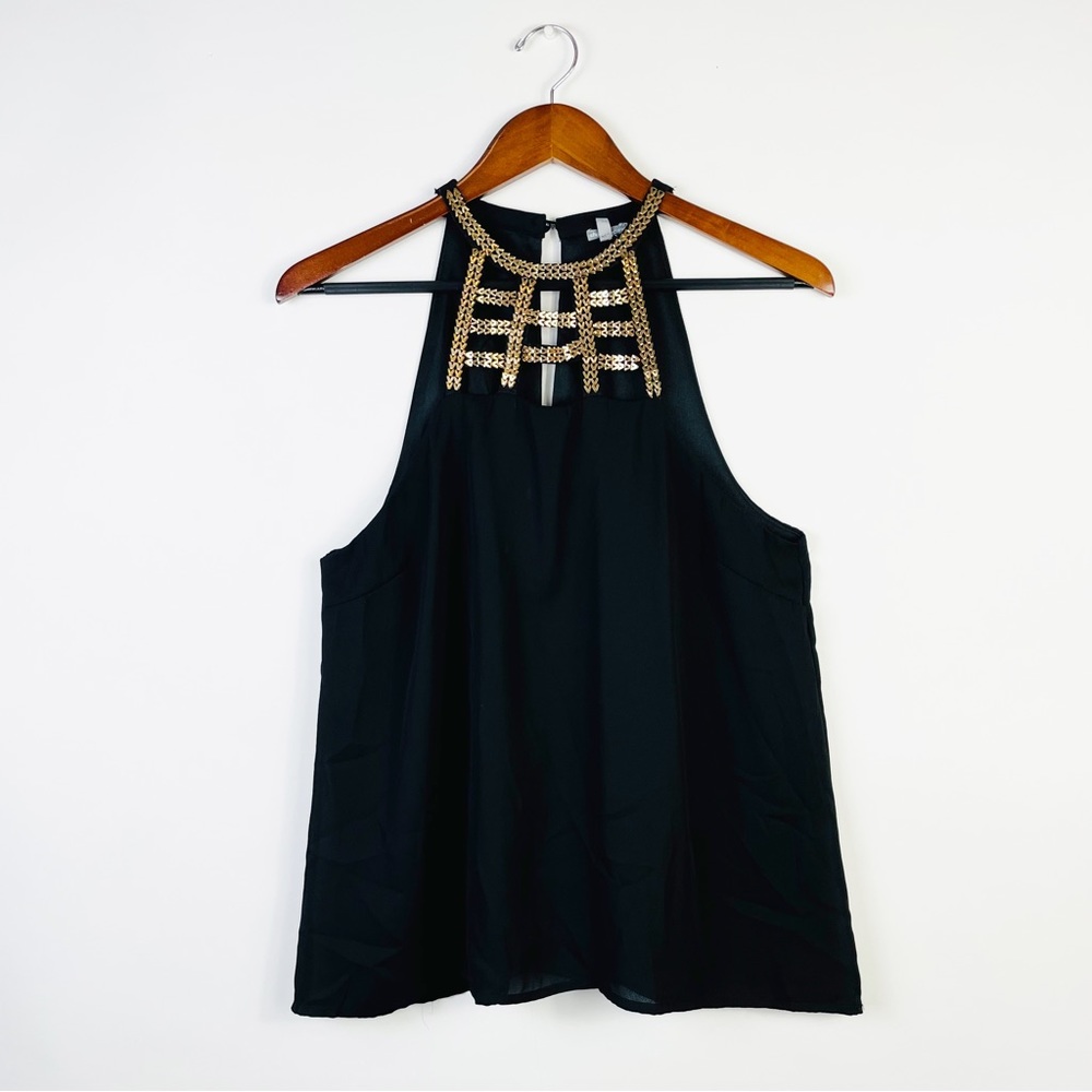 Charlotte Russe Black Gold Detail Yoke Sleeveless Top Large
